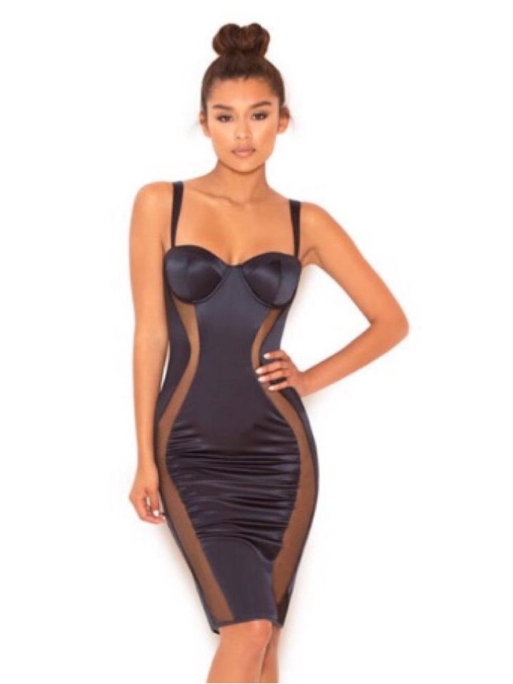 House of CB Navy/Black Sheer-Panel Satin Slip Dress